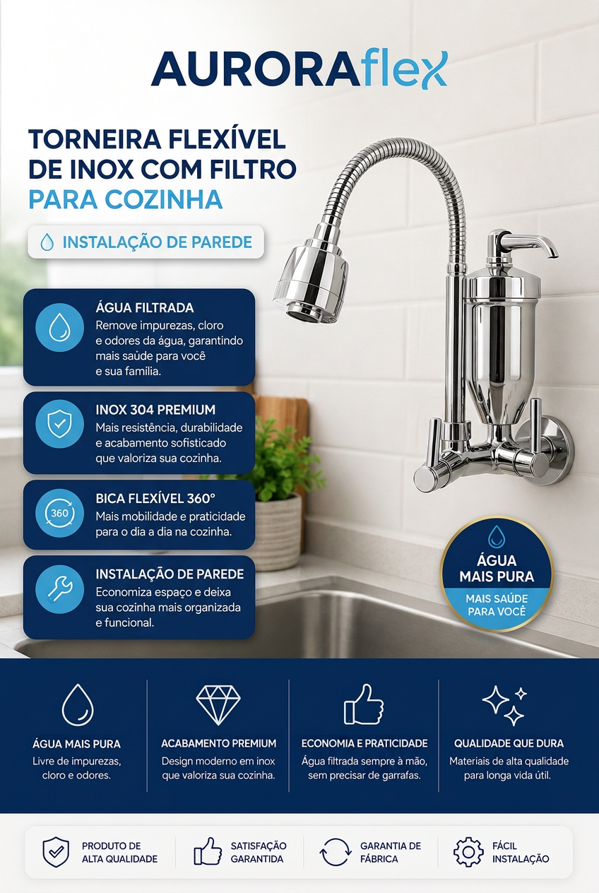 Destaques da torneira flexível Aurora Flex: água filtrada, inox 304, bica 360° e instalação de parede